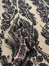 Dantela Couture Neagra cu Model Floral, Perle, Margele si Paiete